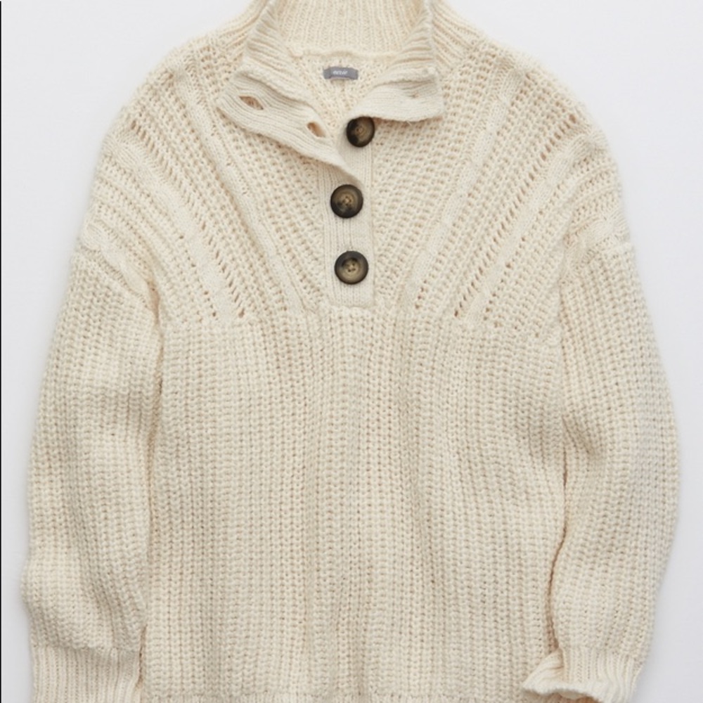 AERIE Cozy Button Mock Neck Knit Sweater